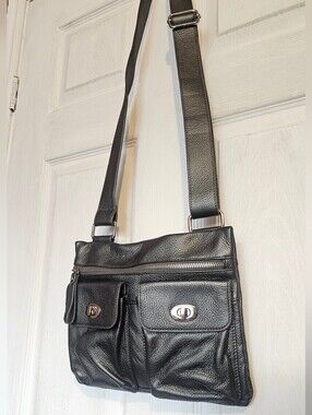 Danier Dark Gray Metallic Leather Utility Turn Lock Crossbody